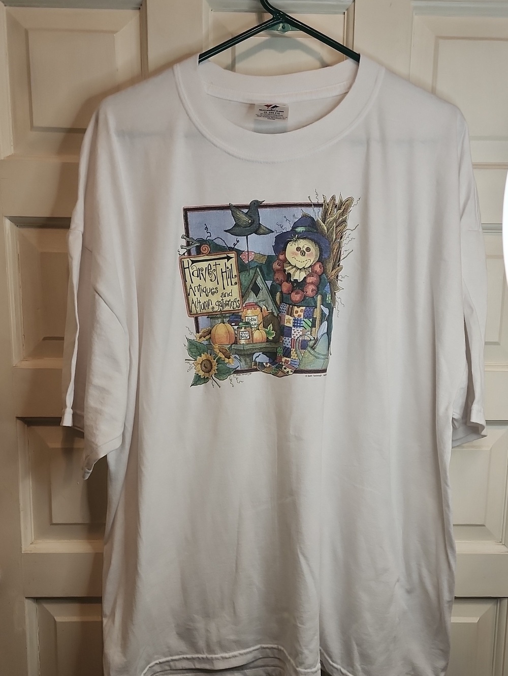 White Graphic Tee/ Nightshirt with Harvest Scarecrow Design. Happy Fall Yall